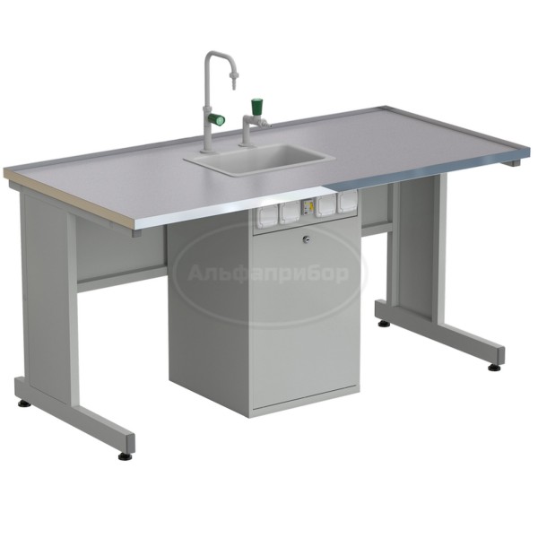 Стол ученический с сервисной стойкой, с электрикой, с подводом воды 1500х750х760 мм, раб. поверхность - монолитный керамогранит