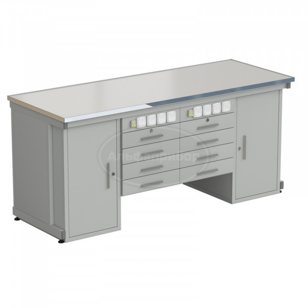 Стол демонстрационный с двумя напольными тумбами, двумя подвесными тумбами, с электрикой 2000х750х900 мм, раб. поверхность - Labgrade-лайт (арт. 56.0551.20.18)