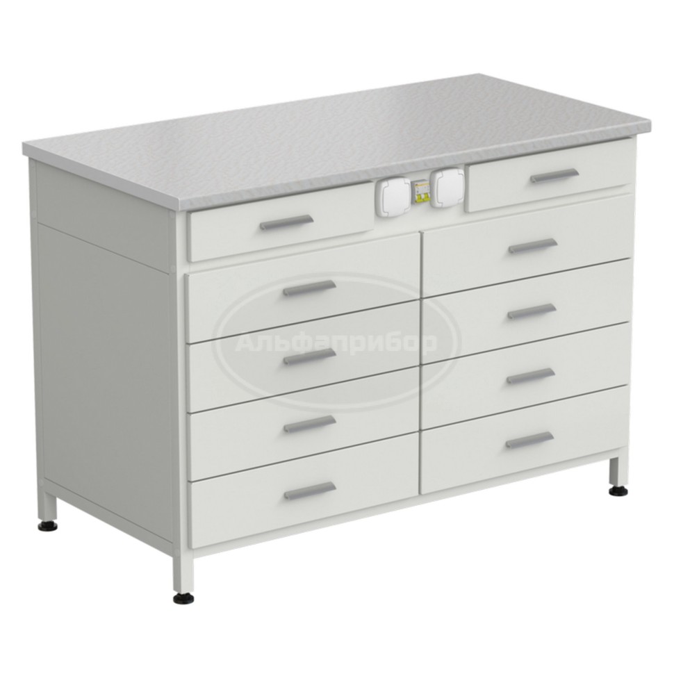Стол-тумба с электрикой (2 ящика + 4 ящика + 4 ящика) 1200x600x850 мм, раб. поверхность - белый ламинат