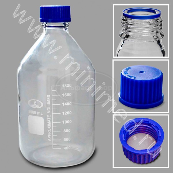 Банка лабораторная стеклянная 2 л, с делениями с навинчивающейся крышкой, светлое стекло, упаковка 10шт