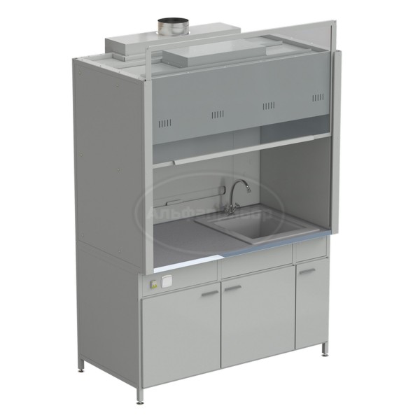 Шкаф вытяжной с мойкой из СП и смесителем 1500х900х2145 мм, раб. поверхность - монолитный керамогранит