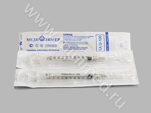 Шприц инъекционный инсулиновый однократного применения трехдетальный 1А "Луер", вместимостью 1см3, с градуировкой шкалы 100 ин/ед, с иглой 0,4*12, упаковка 100/900шт