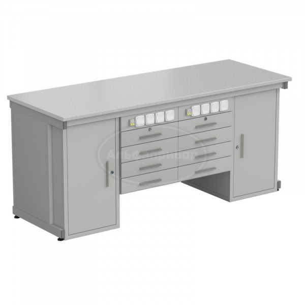 Стол демонстрационный с двумя напольными тумбами, двумя подвесными тумбами, с электрикой 2000х750х900 мм, раб. поверхность - белый ламинат (арт. 56.0551.20.04)