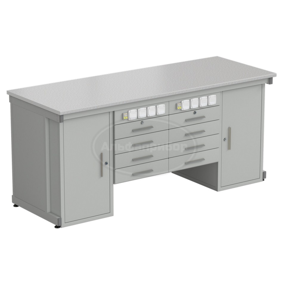 Стол демонстрационный с двумя напольными тумбами, двумя подвесными тумбами, с электрикой 2000х750х900 мм, раб. поверхность - белый ламинат (арт. 56.0551.20.04)