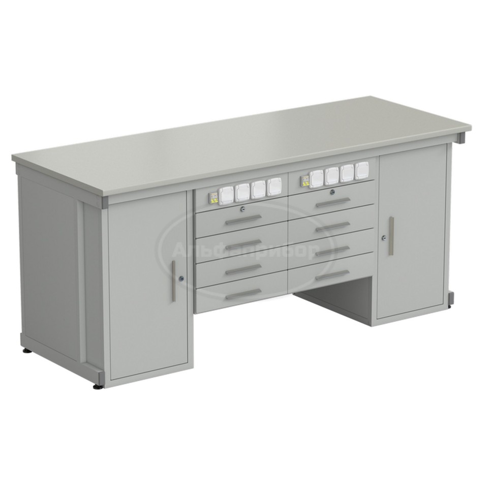 Стол демонстрационный с двумя напольными тумбами, двумя подвесными тумбами, с электрикой 2000х750х900 мм, раб. поверхность - серый ламинат (арт. 56.0551.20.14)