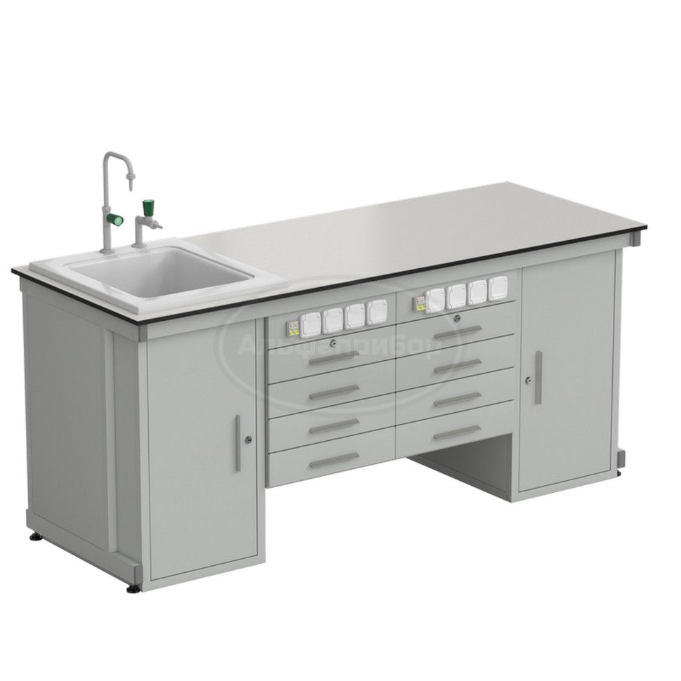 Стол демонстрационный с двумя напольными тумбами, двумя подвесными тумбами, с электрикой, водой 2000х750х900 мм, раб. поверхность - Labgrade (арт. 56.0551.01.08)