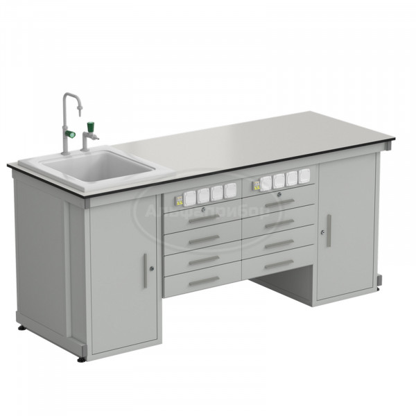 Стол демонстрационный с двумя напольными тумбами, двумя подвесными тумбами, с электрикой, водой 2000х750х900 мм, раб. поверхность - Labgrade (арт. 56.0551.21.08)