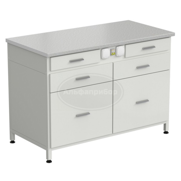 Стол-тумба с электрикой 1200x600x850 мм, 2 ящика + 2 ящика + 2 ящика, раб. поверхность - белый ламинат