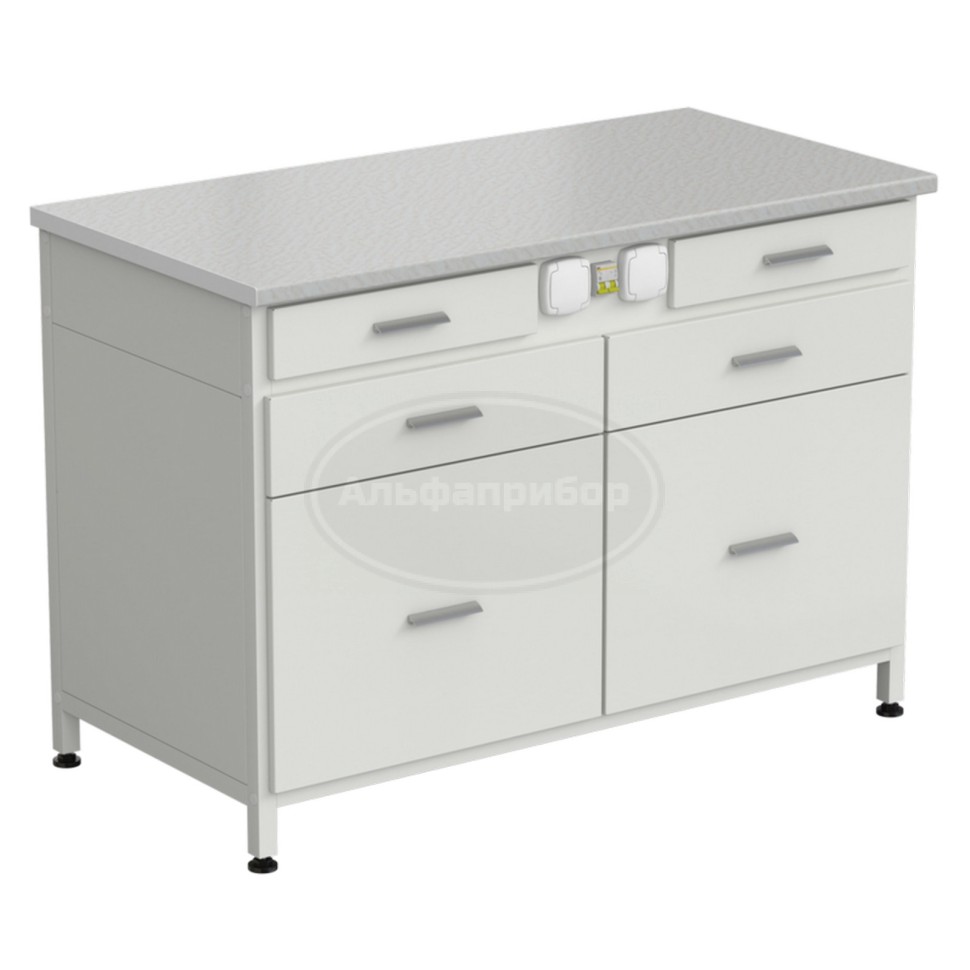 Стол-тумба с электрикой 1200x600x850 мм, 2 ящика + 2 ящика + 2 ящика, раб. поверхность - белый ламинат