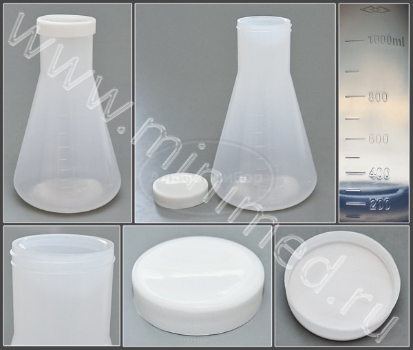 Колба коническая 1000мл, с делениями с навинчивающейся крышкой, п/п