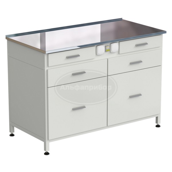 Стол-тумба с электрикой 1200x600x850 мм, 2 ящика + 2 ящика + 2 ящика, раб. поверхность - нержавеющая сталь