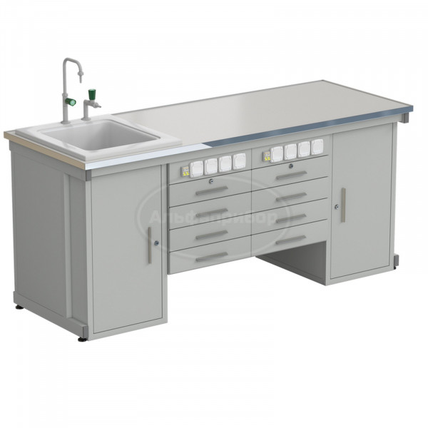 Стол демонстрационный с двумя напольными тумбами, двумя подвесными тумбами, с электрикой, водой 2000х750х900 мм, раб. поверхность - Labgrade-лайт (арт. 56.0551.21.18)