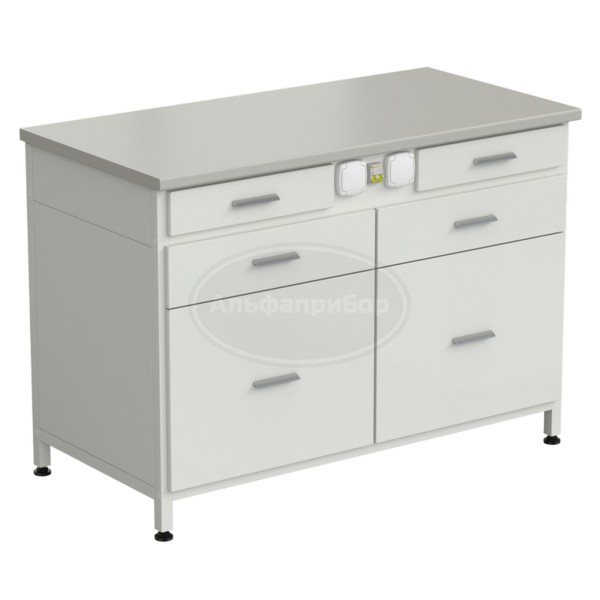 Стол-тумба с электрикой 1200x600x850 мм, 2 ящика + 2 ящика + 2 ящика, раб. поверхность - серый ламинат