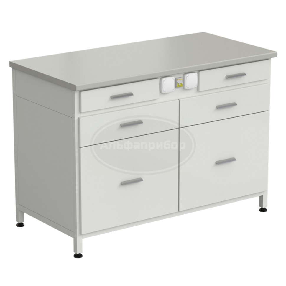 Стол-тумба с электрикой 1200x600x850 мм, 2 ящика + 2 ящика + 2 ящика, раб. поверхность - серый ламинат