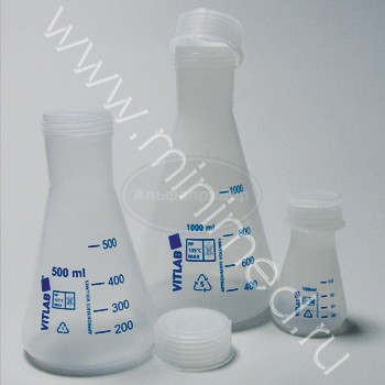 Колба коническая 1000мл, с делениями с навинчивающейся крышкой, п/п, Vitlab, упаковка 4шт