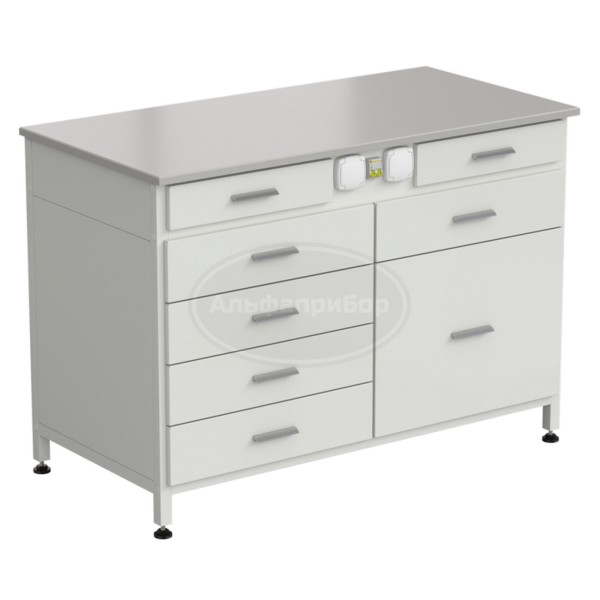 Стол-тумба с электрикой 1200x600x850 мм, 2 ящика + 4 ящика + 1 малый + 1 большой, раб. поверхность - Durcon