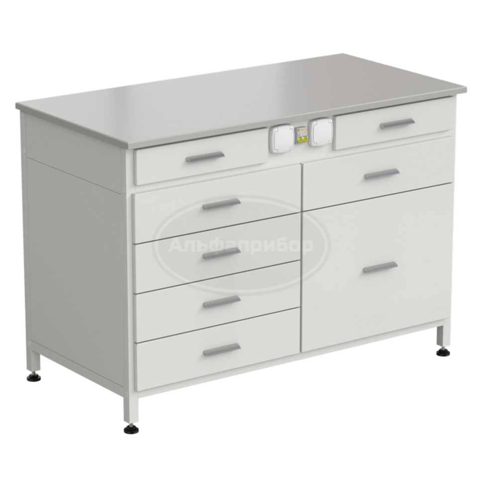 Стол-тумба с электрикой 1200x600x850 мм, 2 ящика + 4 ящика + 1 малый + 1 большой, раб. поверхность - Durcon