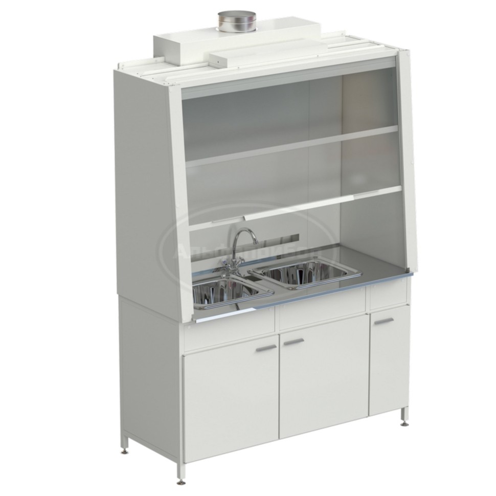 Шкаф вытяжной с двойной мойкой без электрики 1520х750х2160 мм, раб. поверхность - нержавеющая сталь