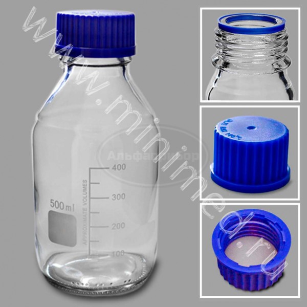 Банка лабораторная стеклянная 500мл, с делениями с навинчивающейся крышкой, светлое стекло, упаковка 48шт