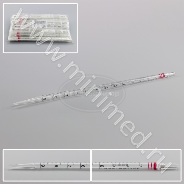 Пипетка серологическая 10мл, стерильная, индивидуальная упаковка, упаковка 50шт/кор.1200шт, п/с, ТУ 32.50.50-029-29508133-2018, МиниМед