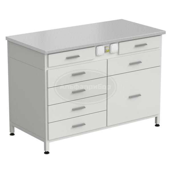 Стол-тумба с электрикой 1200x600x850 мм, 2 ящика + 4 ящика + 1 малый + 1 большой, раб. поверхность - белый ламинат