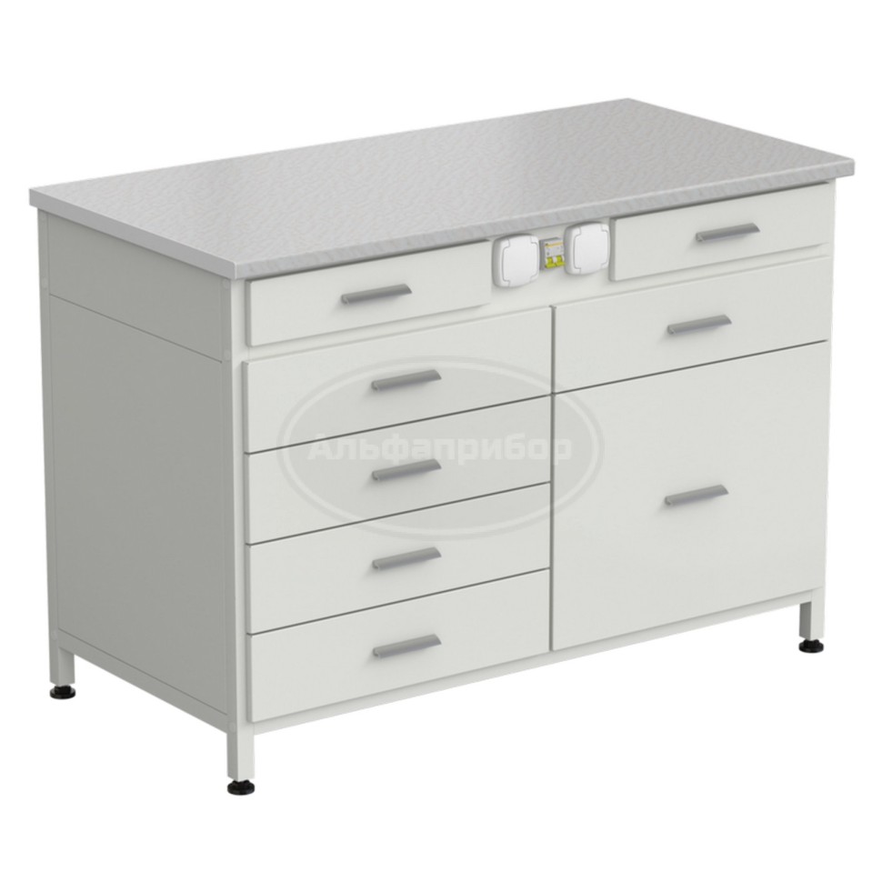 Стол-тумба с электрикой 1200x600x850 мм, 2 ящика + 4 ящика + 1 малый + 1 большой, раб. поверхность - белый ламинат