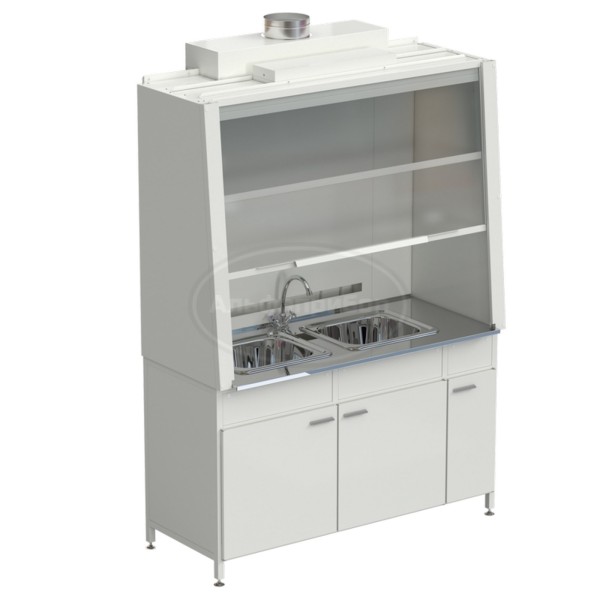 Шкаф вытяжной с двойной мойкой и ВЗБ светильником 1520х750х2160 мм, раб. поверхность - нержавеющая сталь