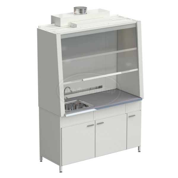 Шкаф вытяжной с одной мойкой из НС и ВЗБ светильником 1520х750х2160 мм, раб. поверхность - монолитный керамогранит