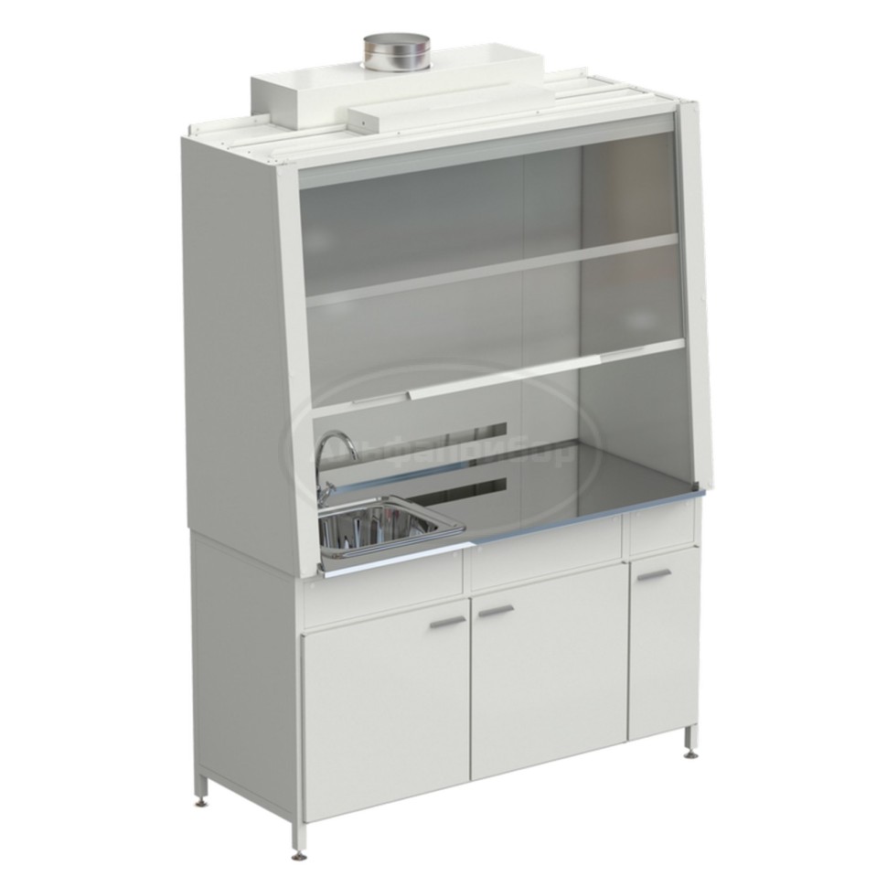 Шкаф вытяжной с одной мойкой из НС и ВЗБ светильником 1520х750х2160 мм, раб. поверхность - нержавеющая сталь