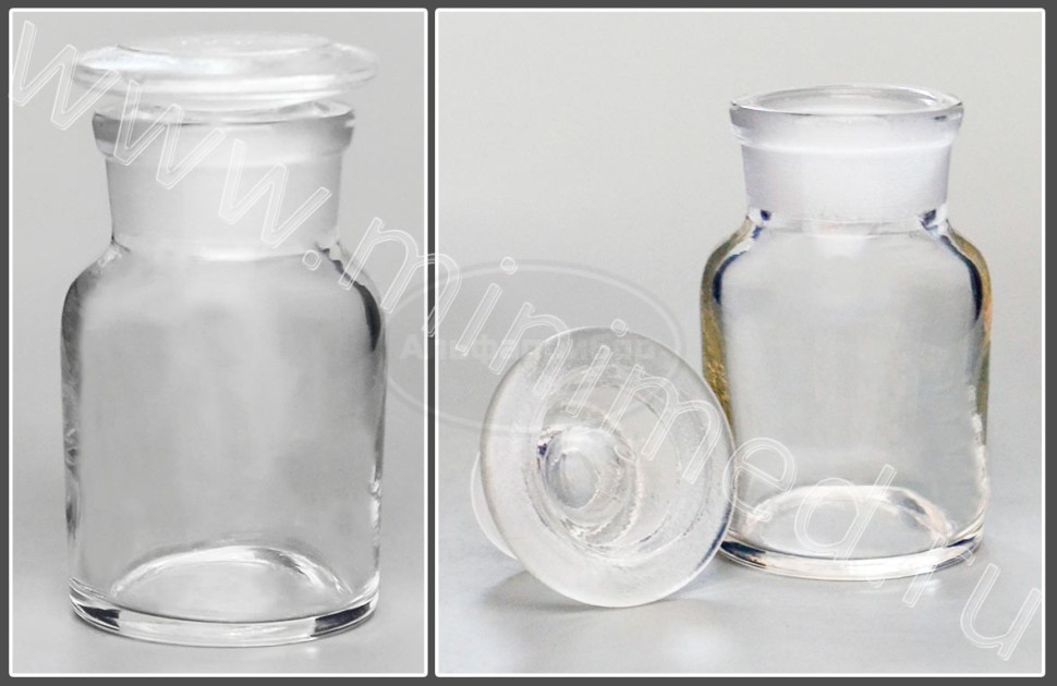 Склянка лабораторная 60мл из светлого стекла с широкой горловиной и притертой пробкой, упаковка 12/144шт