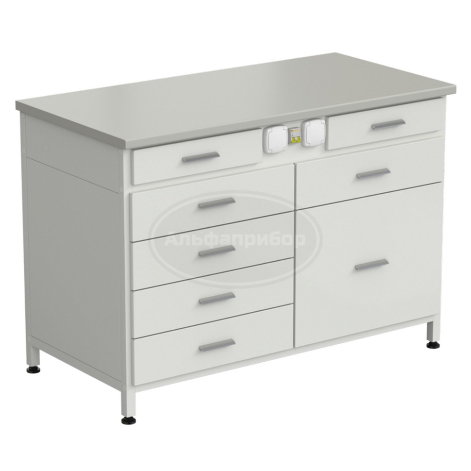 Стол-тумба с электрикой 1200x600x850 мм, 2 ящика + 4 ящика + 1 малый + 1 большой, раб. поверхность - серый ламинат