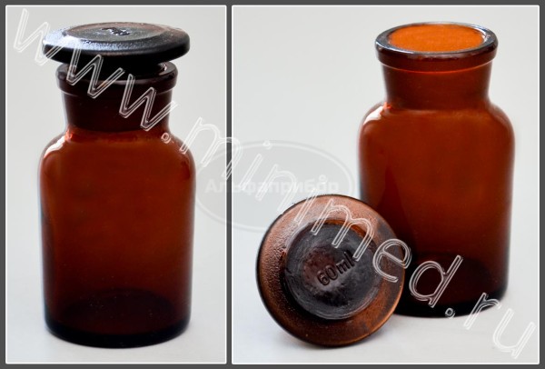 Склянка лабораторная 60мл из темного стекла с широкой горловиной и притертой пробкой, упаковка 12 /144шт