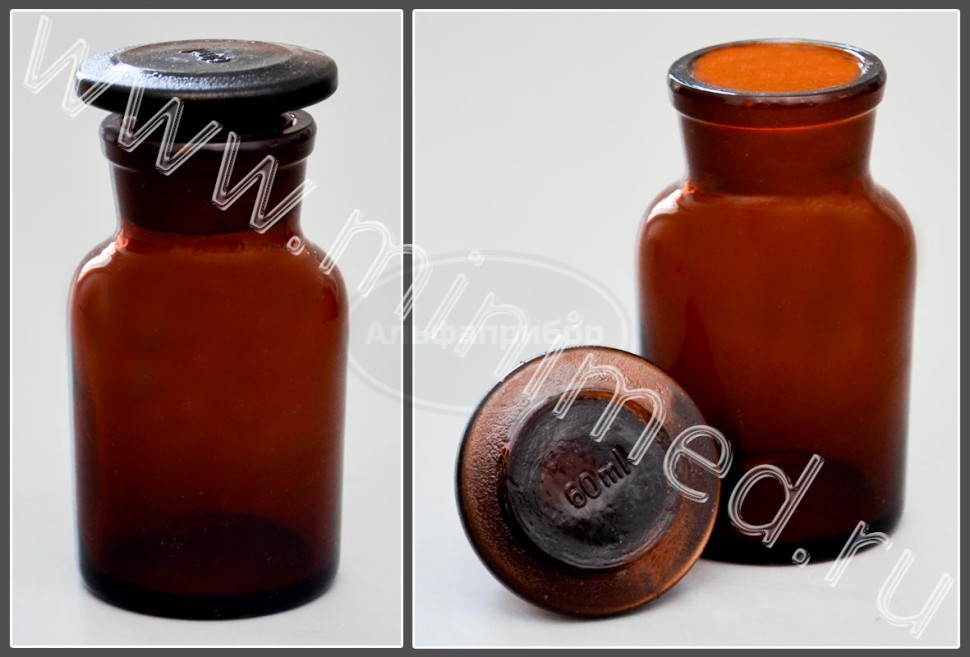 Склянка лабораторная 60мл из темного стекла с широкой горловиной и притертой пробкой, упаковка 12 /144шт