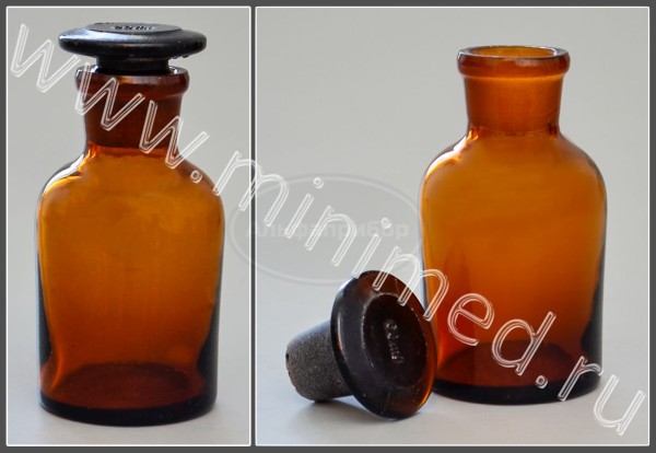 Склянка лабораторная 60мл из темного стекла с узкой горловиной и притертой пробкой, упаковка 12/144шт