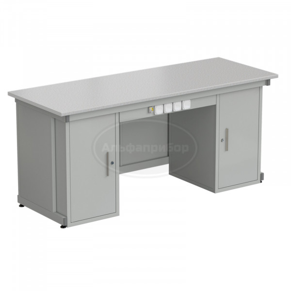 Стол демонстрационный с двумя напольными тумбами, с электрикой 2000х750х900 мм, раб. поверхность - белый ламинат (арт. 56.0573.10.04)