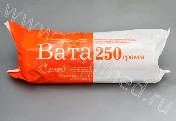 Вата медицинская гигроскопическая гигиеническая хлопковая, нестерильная 250 гр. Емельяновская