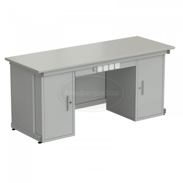 Стол демонстрационный с двумя напольными тумбами, с электрикой 2000х750х900 мм, раб. поверхность - серый ламинат (арт. 56.0573.00.14)
