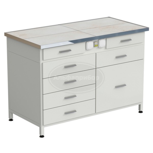 Стол-тумба с электрикой 1212x610x850 мм, 2 ящика + 4 ящика + 1 малый + 1 большой, раб. поверхность - керамика