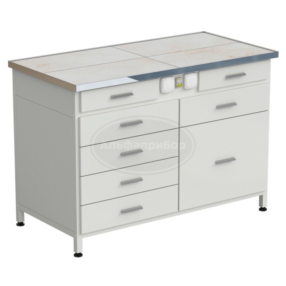 Стол-тумба с электрикой 1212x610x850 мм, 2 ящика + 4 ящика + 1 малый + 1 большой, раб. поверхность - керамика