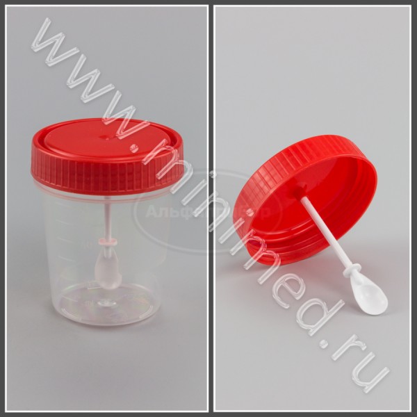 Контейнер одноразовый медицинский полимерный КО0НЛПП-60 с ложкой и красной крышкой, нестерильный ПЕРИНТ, упаковка 500шт