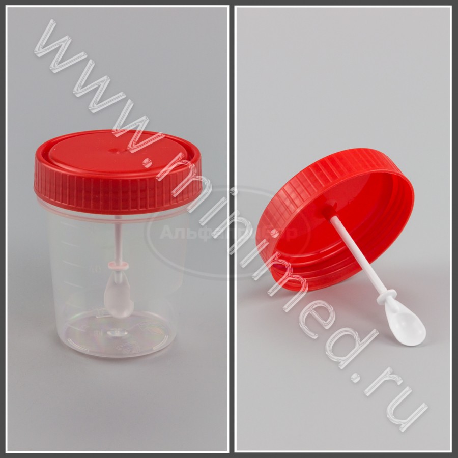 Контейнер одноразовый медицинский полимерный КО0НЛПП-60 с ложкой и красной крышкой, нестерильный ПЕРИНТ, упаковка 500шт