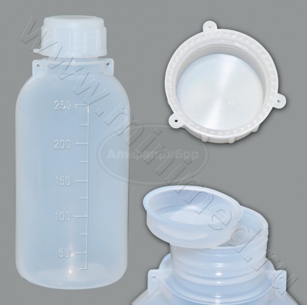 Бутылка градуированная 250мл, с узким горлом, с крышкой, п/эт, LAMAPLAST, упаковка 1/50шт
