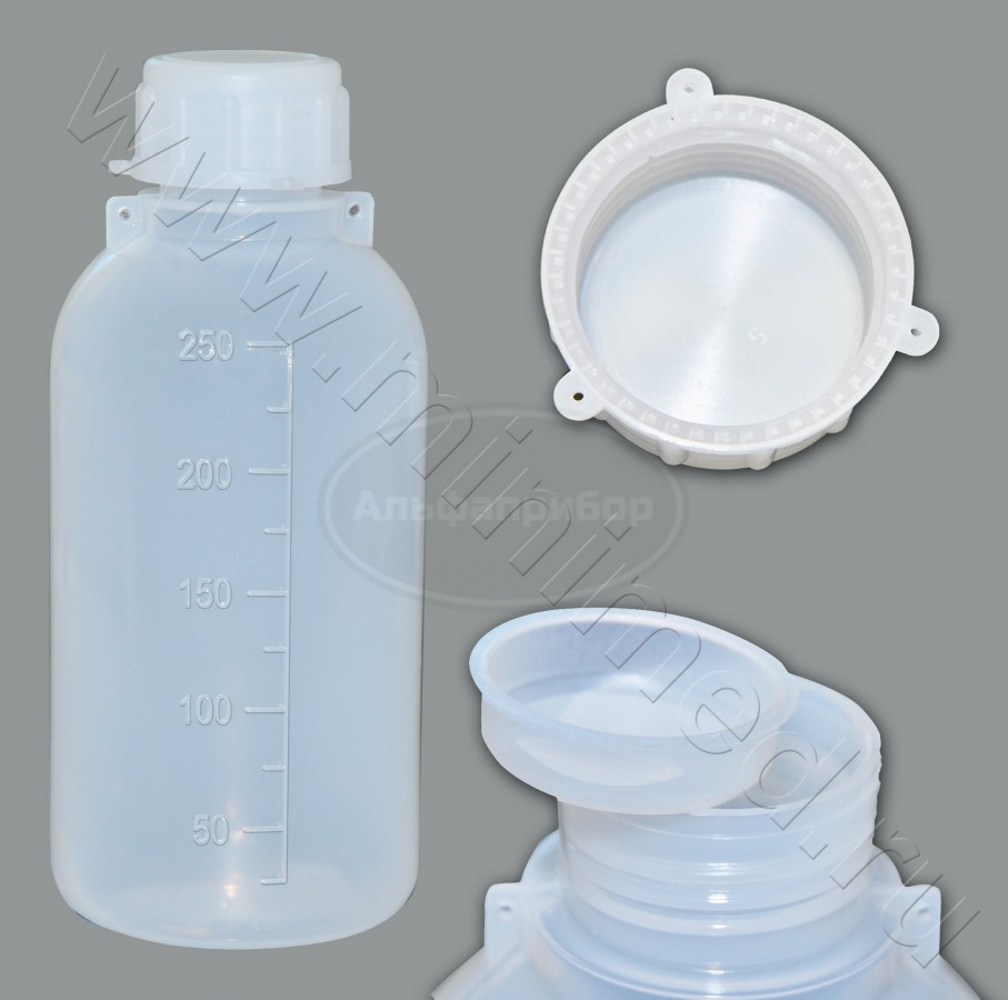 Бутылка градуированная 250мл, с узким горлом, с крышкой, п/эт, LAMAPLAST, упаковка 1/50шт