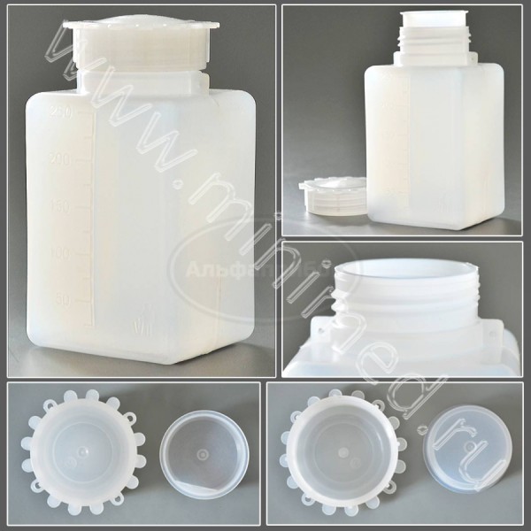 Емкость для общелабораторного применения (бутылка квадратная) 250мл, с делениями ПЭВП, Aptaca, упаковка 50шт