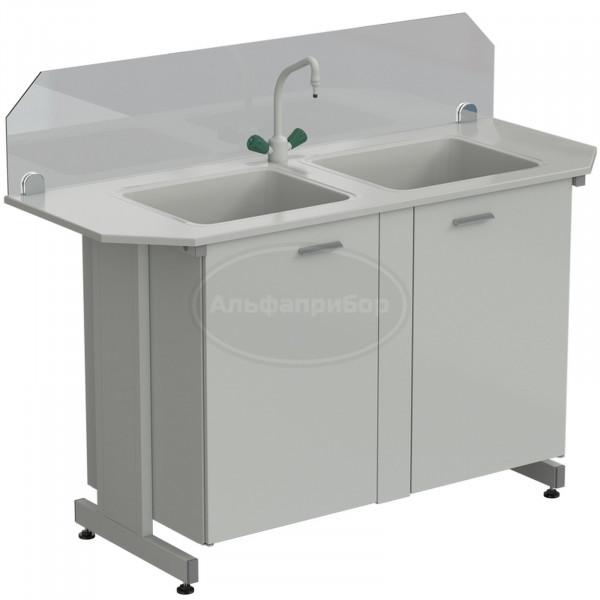 Мойка двойная торцевая 1500х600х1220 мм (защитное стекло, глубина раковины 280 мм, 1 кран TOF), раб. поверхность - Durcon