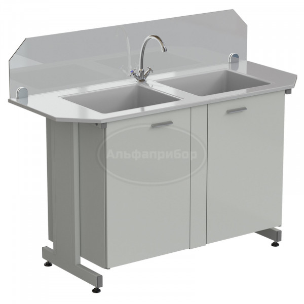 Мойка двойная торцевая 1500х600х1220 мм (защитное стекло, глубина раковины 280 мм, 1 кран), раб. поверхность - стеклопластик