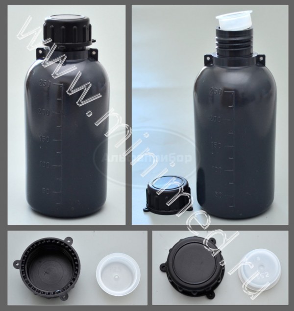 Бутылка градуированная 250мл, с узким горлом, с крышкой, серая, п/эт, LAMAPLAST, упаковка 1/50шт