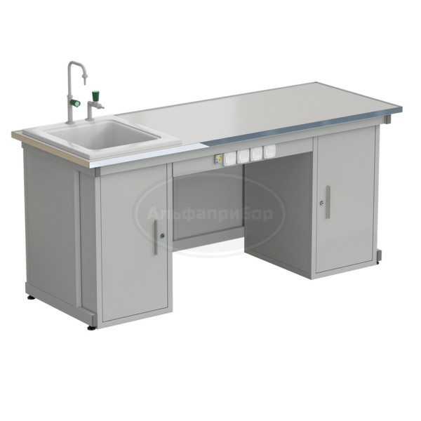 Стол демонстрационный с двумя напольными тумбами, с электрикой, с подводом воды 2000х750х900 мм, раб. поверхность - Labgrade-лайт (арт. 56.0573.11.18)