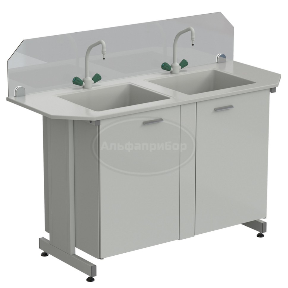 Мойка двойная торцевая 1500х600х1220 мм (защитное стекло, глубина раковины 280 мм, 2 крана TOF), раб. поверхность - Durcon