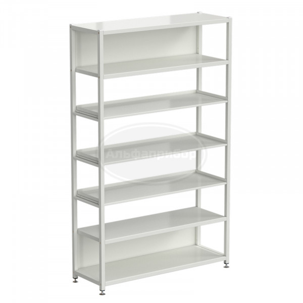 Стеллаж универсальный 6 полок с бортиком 1200x400x1965 мм, на винтовых опорах, белый металл